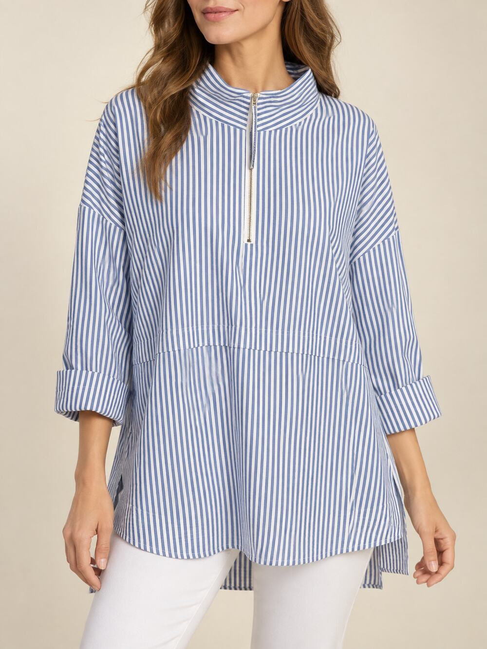 St. John Boutiques Shirt Womens XL Blue White Stripe Poplin Zip Front Relaxed